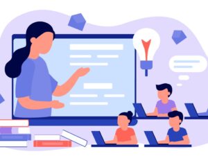 teacher teaching in online classes to kids