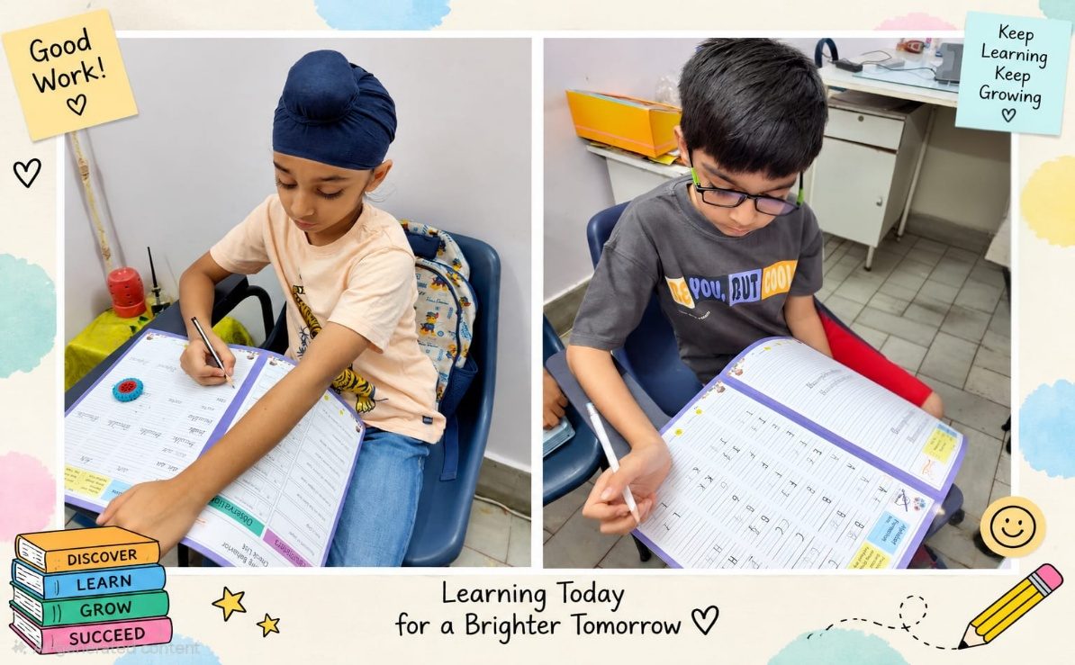 Children practising handwriting in a Secret of Pen classroom session