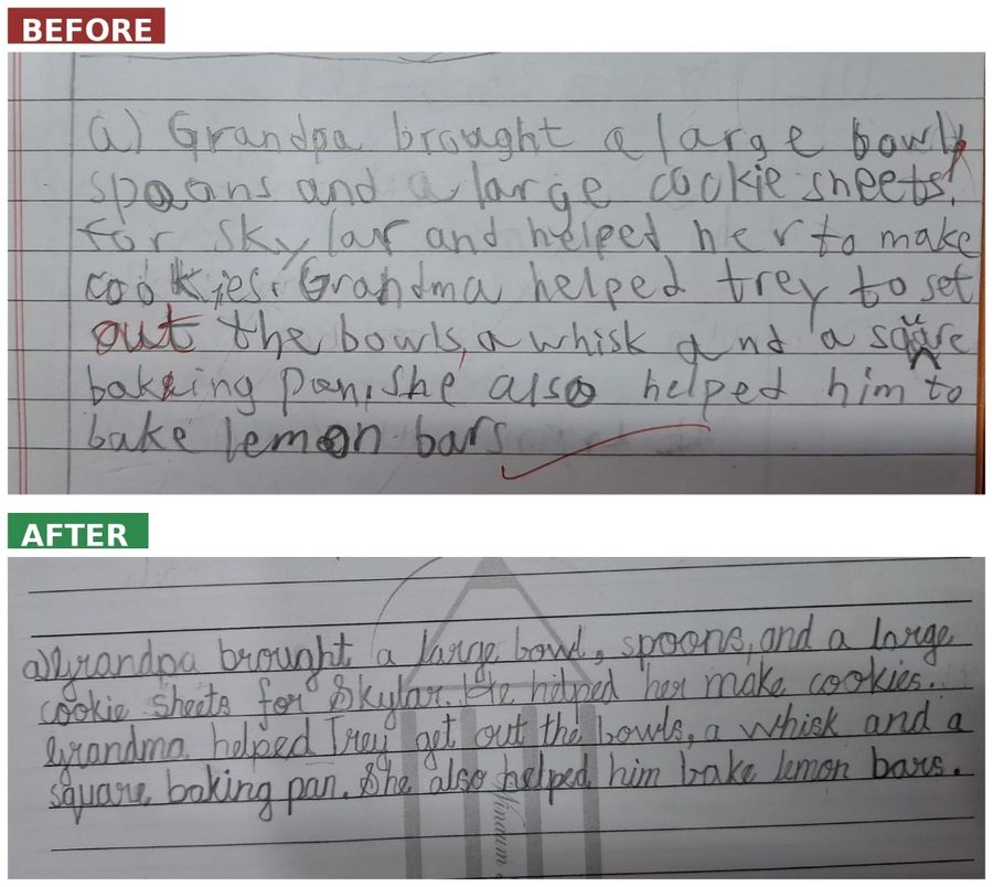 Before and after handwriting sample of a Class 4 student after the Secret of Pen program