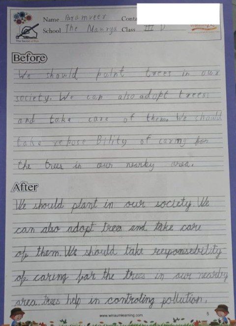 Before and after handwriting sample of student Paramveer