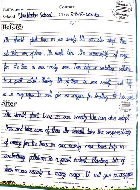 Before and after handwriting sample from a Shiv Nadar School student