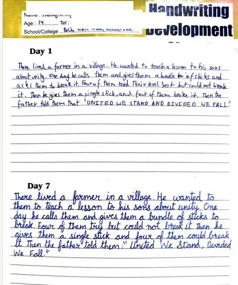 Before and after handwriting sample from a DPS Sushant Lok student