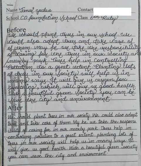 Before and after handwriting sample of student Tanvi Yadav