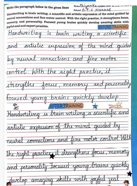 Before and after training handwriting sample of teacher Priyanka Pahwa