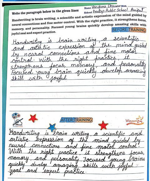 Before and after training handwriting sample of teacher Vandana Dhawan